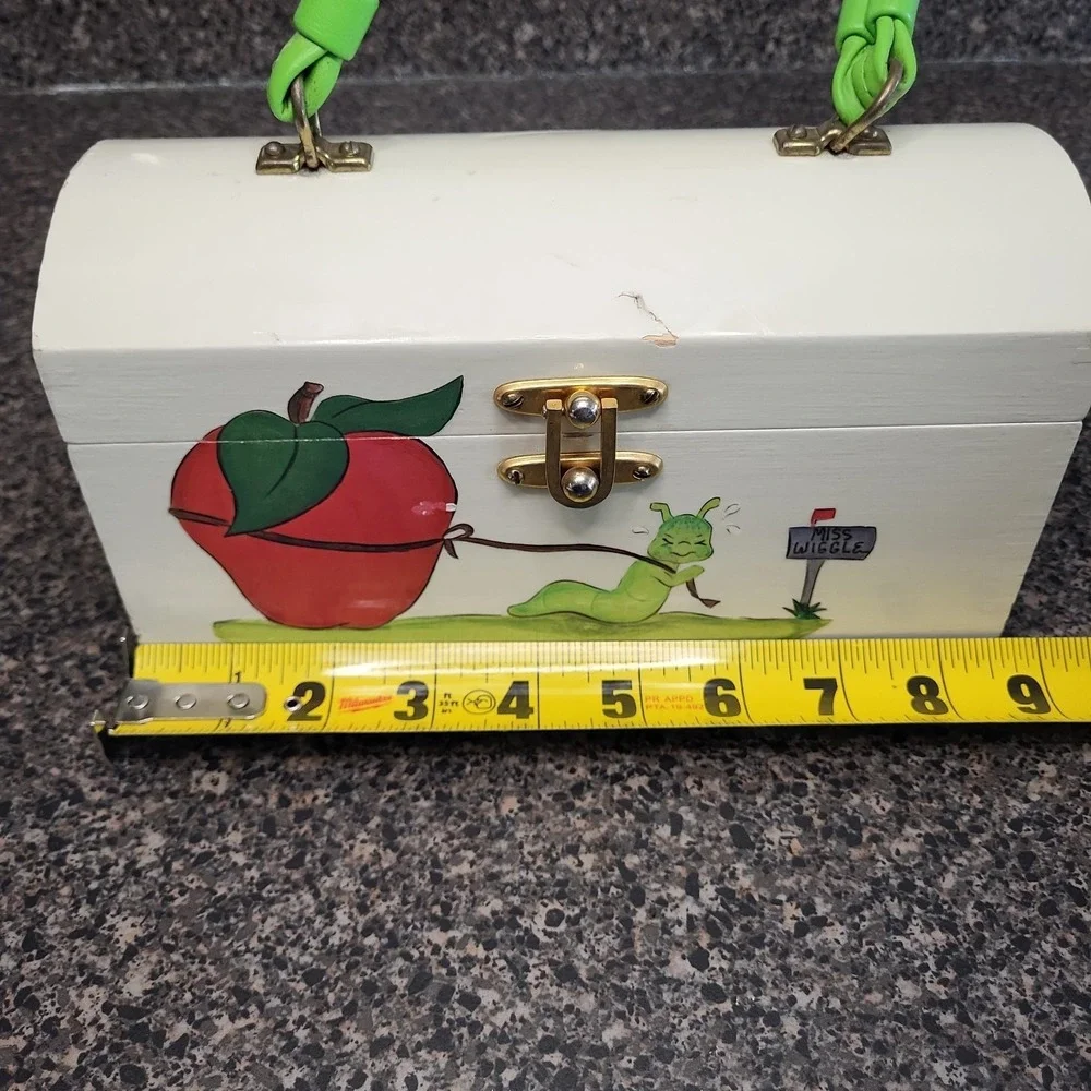 VINTAGE Hand Painted Wooden Purse Box Whimsical Caterpillar Apple Folk Art